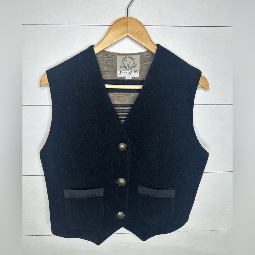 Judy Stern Western Vest S/M Black Wool Cowboy Vest Vintage Button Front Cowgirl
